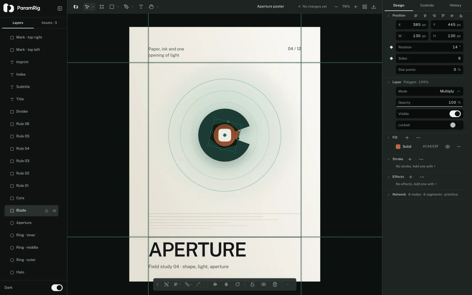 The ParamRig vector editor with a poster open: twenty-one named layers, a grouped toolbar, a selected shape with its node handles, and an inspector holding position, rotation, sides, blend mode, fill, stroke, effects and the path's node count